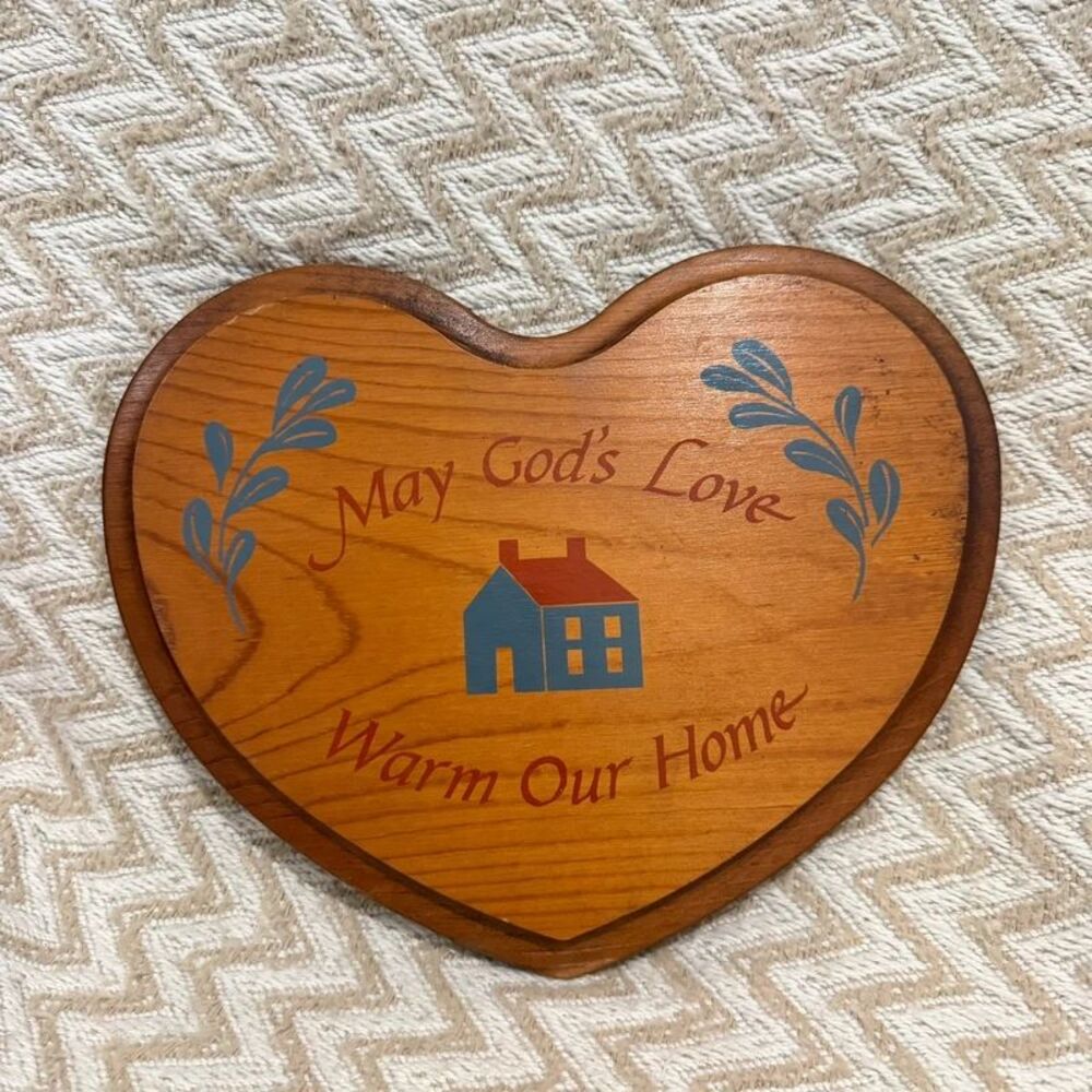 Vintage Wooden Heart Wall Plaque Decor May Gods Love Warm Our Home